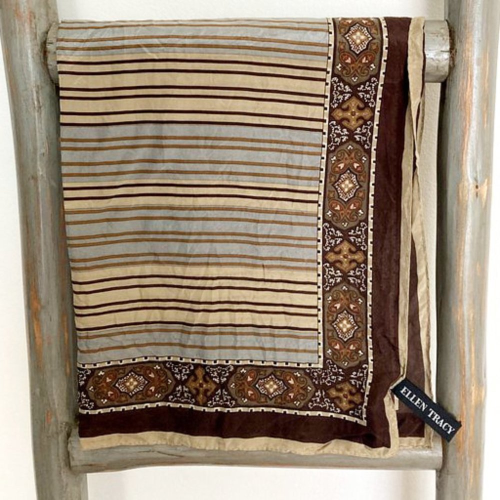 Ellen Tracy Vintage Silk Blue, Tan & Brown Scarf 21"x21"